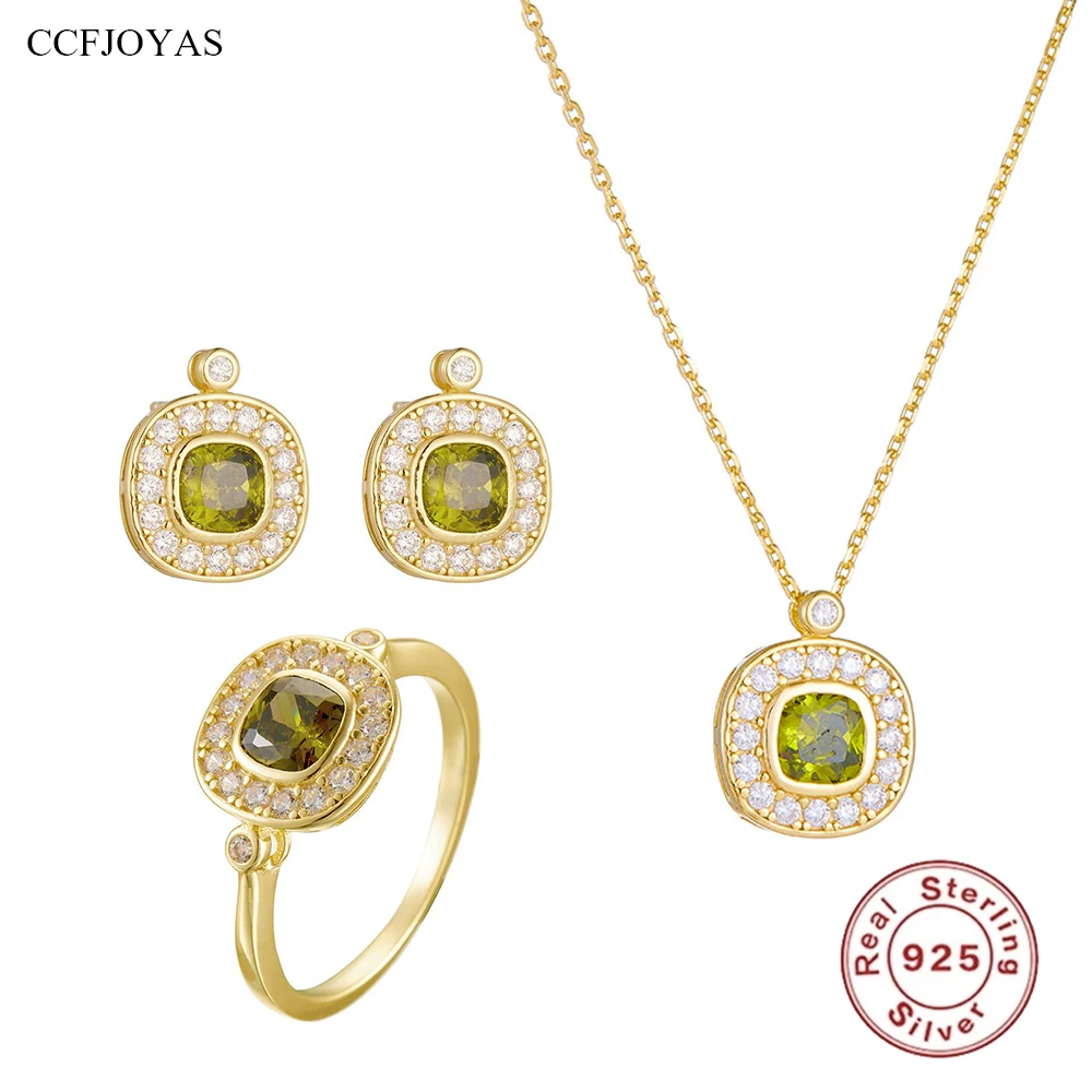 

CCFJOYAS 925 Sterling Silver Retro Olive Green Zircon Earrings/Necklace/Ring Set Women Simple Geometric Oval Zircon Jewelry Set