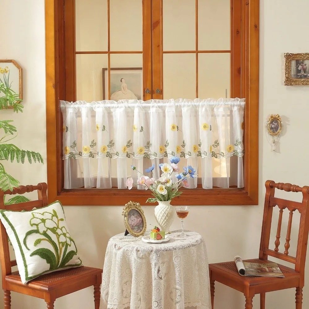 Pastoral Style Floral Lace Curtains Lace Trim Sheer Voile Cafe Curtains Light Blocking Dust-Proof Embroidered Curtains