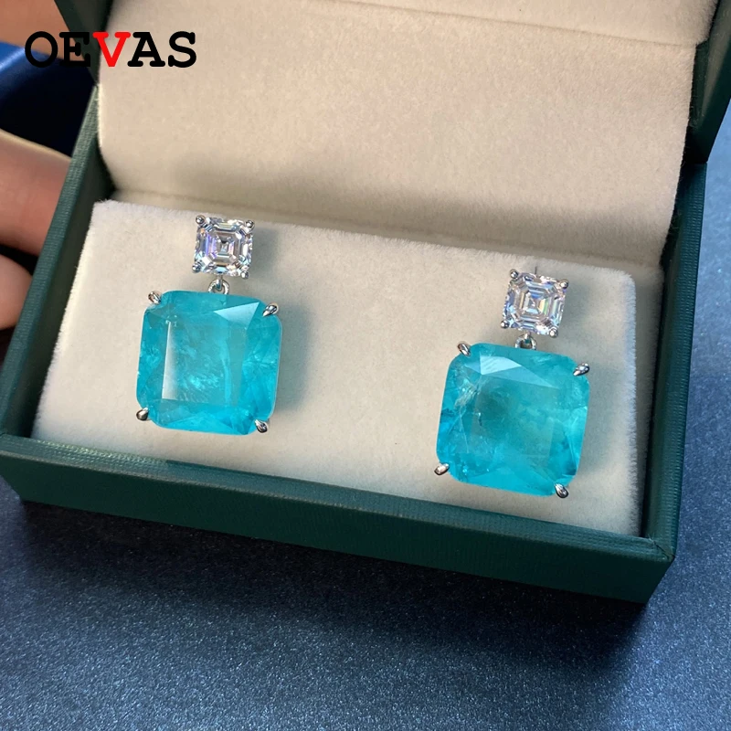 OEVAS Solidne kolczyki wiszące z srebra próby 925 z turmalinem Paraiba, błyszczące diamenty węglowe, ekskluzywna biżuteria.