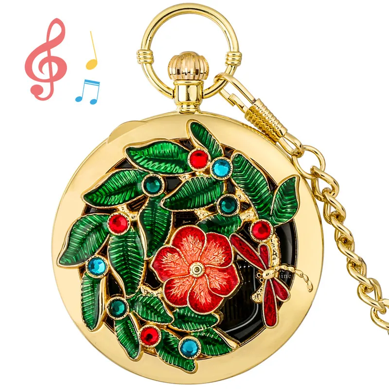 Vintage Musical Quartz Pocket Watch with Dragonfly Flower Design Plays Castle in the Sky Melody  Perfect Gift for Music Lovers