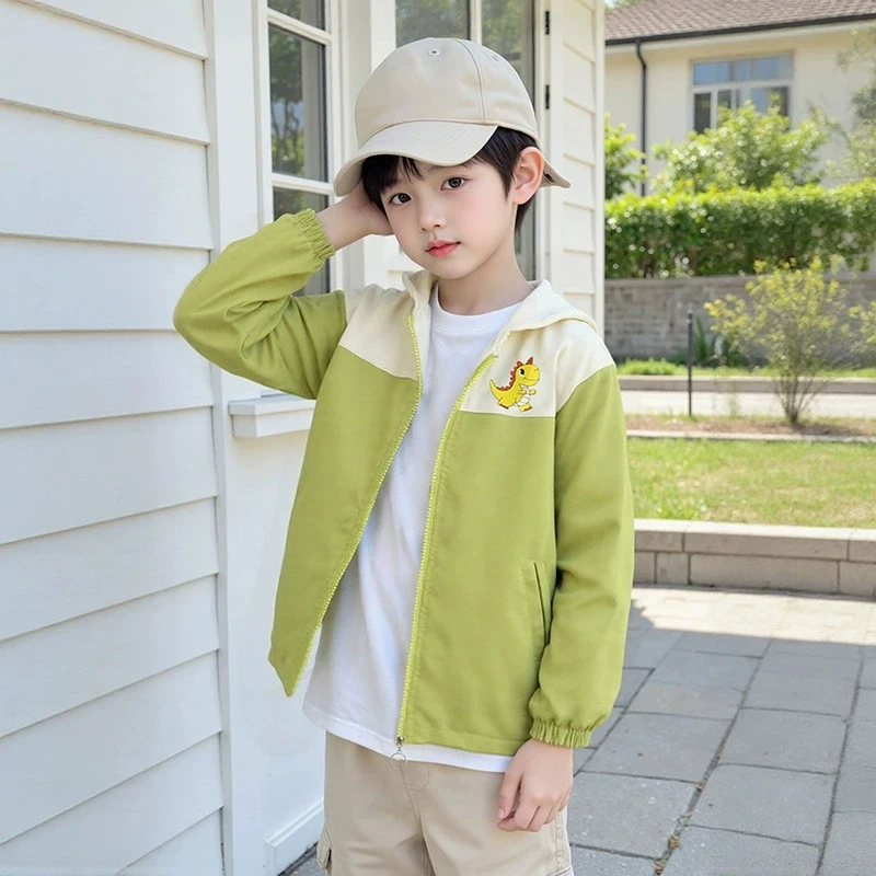 2026 Kids Cartoon Dinosaur Hooded Jacket Spring Autumn Boys Girls Fashion Color Blocking Windproof Zipper Outerwear 1-6 Years