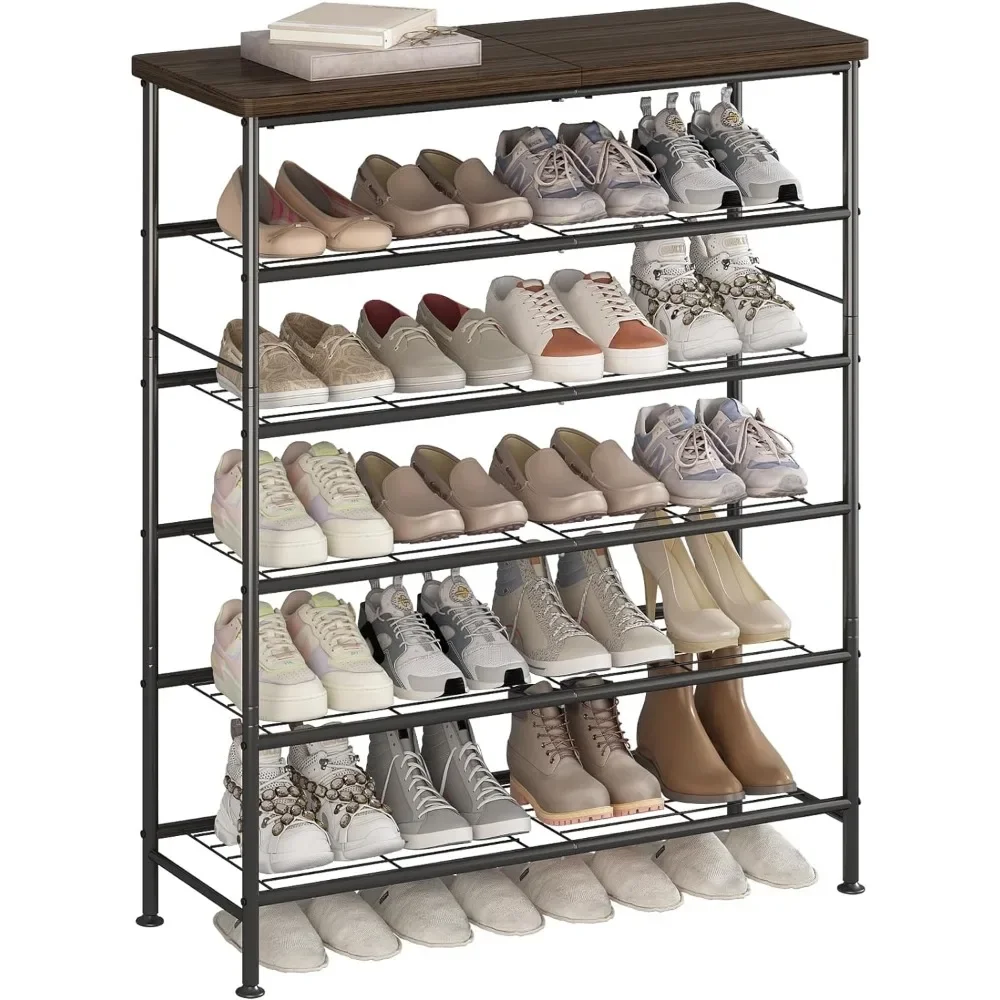 

Shoe Rack Organizer 6 Tier for Closet Entryway Free Standing Metal Storage Shoe Shelf with MDF Top Board，Black