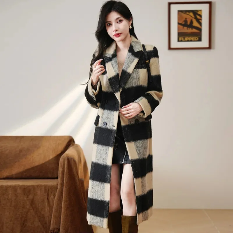 

Autumn Winter Fashion New High-quality Plaid Woolen Coat 2024 Women's Korean Slim Long Casual Wool Overcoat Female Outerwear