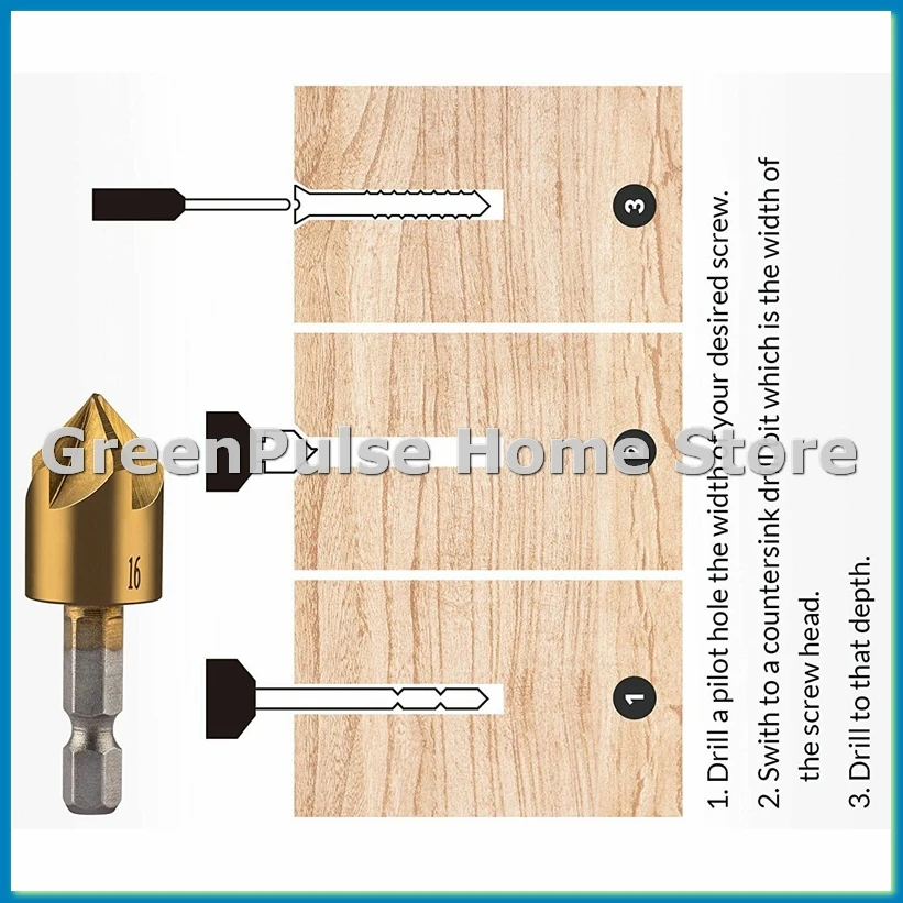 6 Pcs 1/4inch Hex Shank Countersink Drill Bits Center Punch Set HSS 5 Flute Countersink 90 Degree Center Punch Tool Sets-A44I