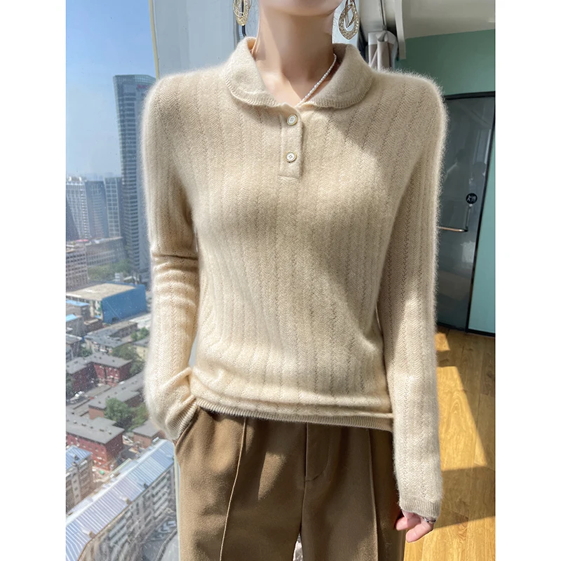 Polo Collar Knitted Sweater For Women's Autumn Winter New High-Quality Hollow Doll Collar Pullover Top 100%Merino Wool Jumper