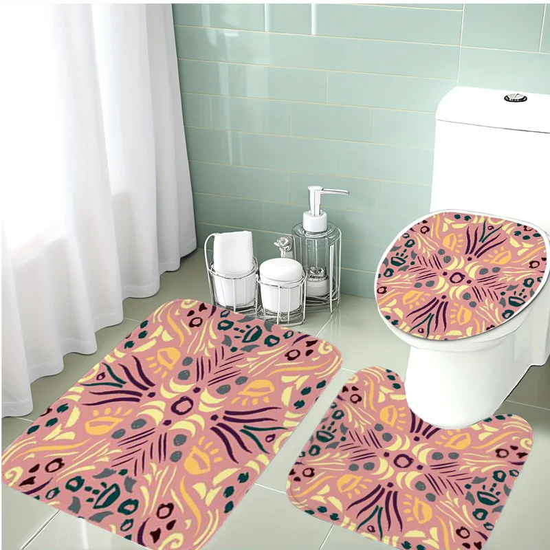 

3pcs Abstract Plant Bath Mat Set Soft Peach Orange Purple Pattern Non-Slip Rug Toilet Lid Cover U-Shaped Mat Bathroom Decor