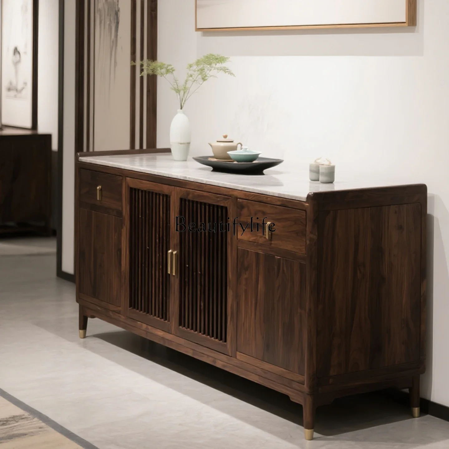 

yj9 New Chinese-style North American black walnut solid wood dining side cabinet, Zen entrance cabinet