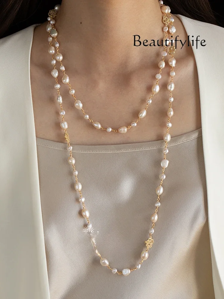 Long Double Stacked Camellia Sweater Chain Irregular Baroque Pearl Necklace