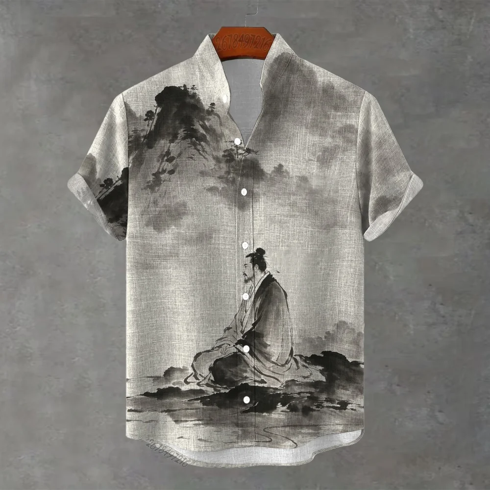 2026 New Men's Chinese Style Stand Collar Short-Sleeve Shirt, Chinese Ink Landscape Print, Loose Fit Plus Size Casual Shirt