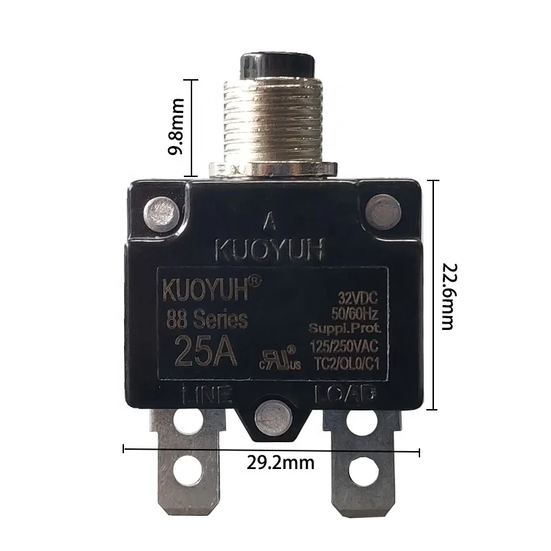 

KUOYUH 88 Series 03-25A Straight PIN Metal NutManual Reset Thermal Overload Protector Switch Mini Circuit Breaker 1pc