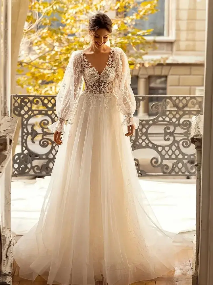 Sweet  V-Neck Wedding Dresses For Women Lace Appliques Flower Print Bridal Gowns 2024 Newest Backless Tulle Bride Princess Robes