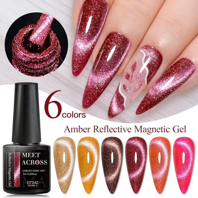 MEET ACROSS 7ml Amber Reflective Magnetic Gel Nail Polish Glitter Cat Gel Semi Permanent UV Gel Nail Art Varnish For Manicure