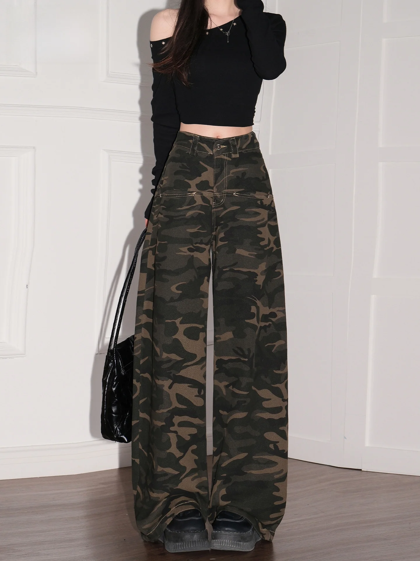 

Крутые камуфляжные джинсы с широкими штанинами и высокой талией для женщин, летние, новые, свободные, стройнящие, струящиеся, из денима, в американском стиле, повседневные