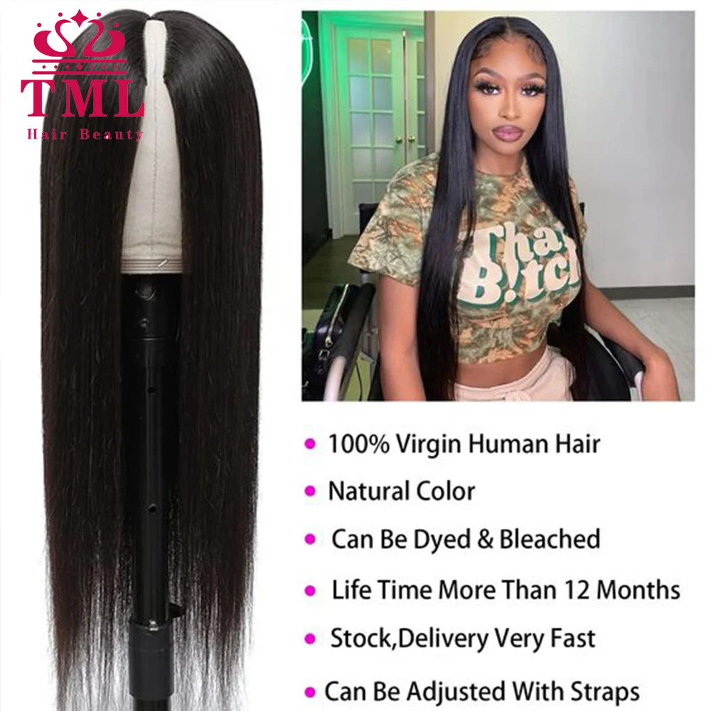 女性用の滑らかな天然かつら,接着剤なし,V字型,日常使用,すぐに着用可能,30インチ