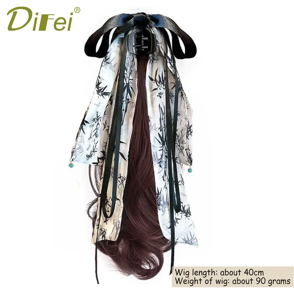 DIFEI Bow Claw Clip coda di cavallo parrucca sintetica femminile inchiostro nastro fiocco Grab Clip temperamento Micro capelli ricci parrucca coda di cavallo bassa