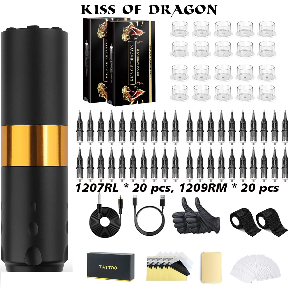 

Tattoo Kit Kiss of Dragon Wireless Tattoo Pen Kit 4mm Stroke 1800mA Battery Tattoo Power Supply Tattoo Gun Kit