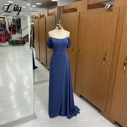 Lily Blue Evening Dress Off The Shoulder Prom Dress Simple Strapless Mermaid Satin Party Dress With Pleats Vestidos De Noche