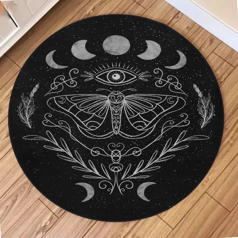 1pc Butterfly Moon Star Round Rug Machine Washable Moth Print Carpet Home Hotel Living Room Floor Mats for Fall Halloween Decor