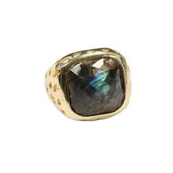GG Natural Labradorite Faceted Square Ring Gold color Electroplated Rings Adjustable Simple Lady Gifts