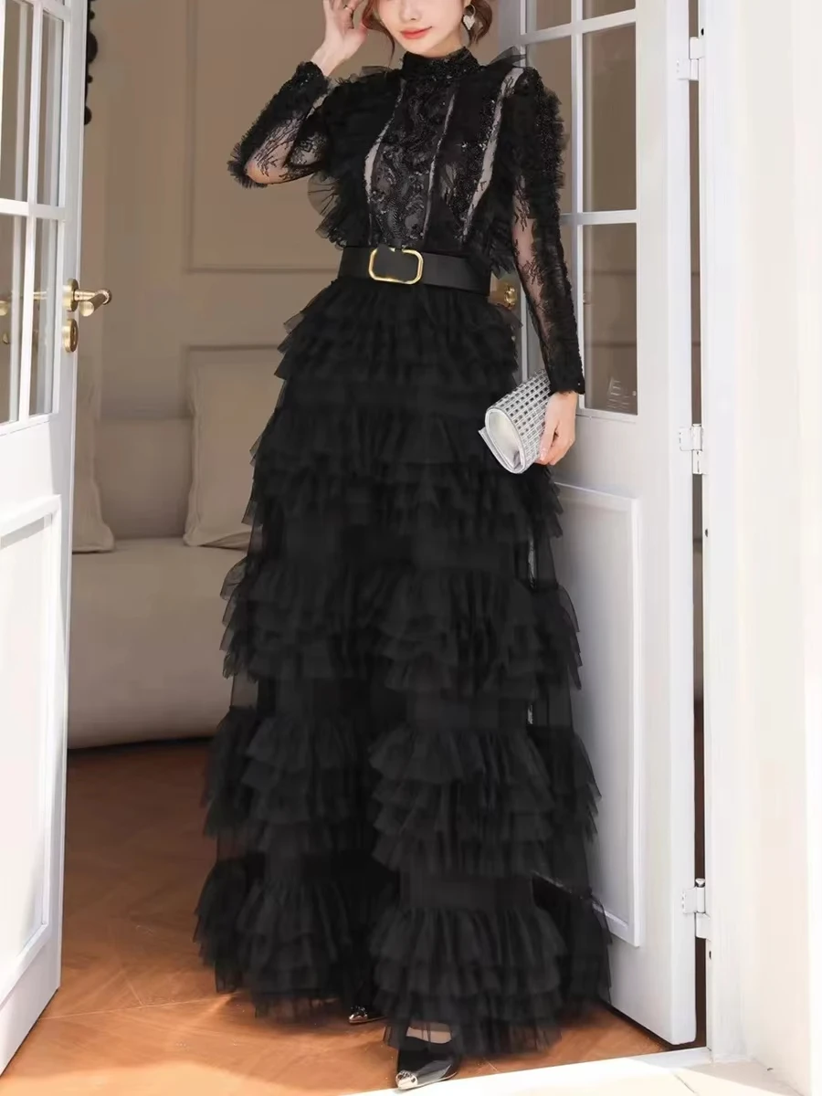 CHICEVER Spliced Lace Hollow Mesh Dresses for Women Stand Collar Long Sleeves High Waist Slim Spliced Sashes Party Dress Female