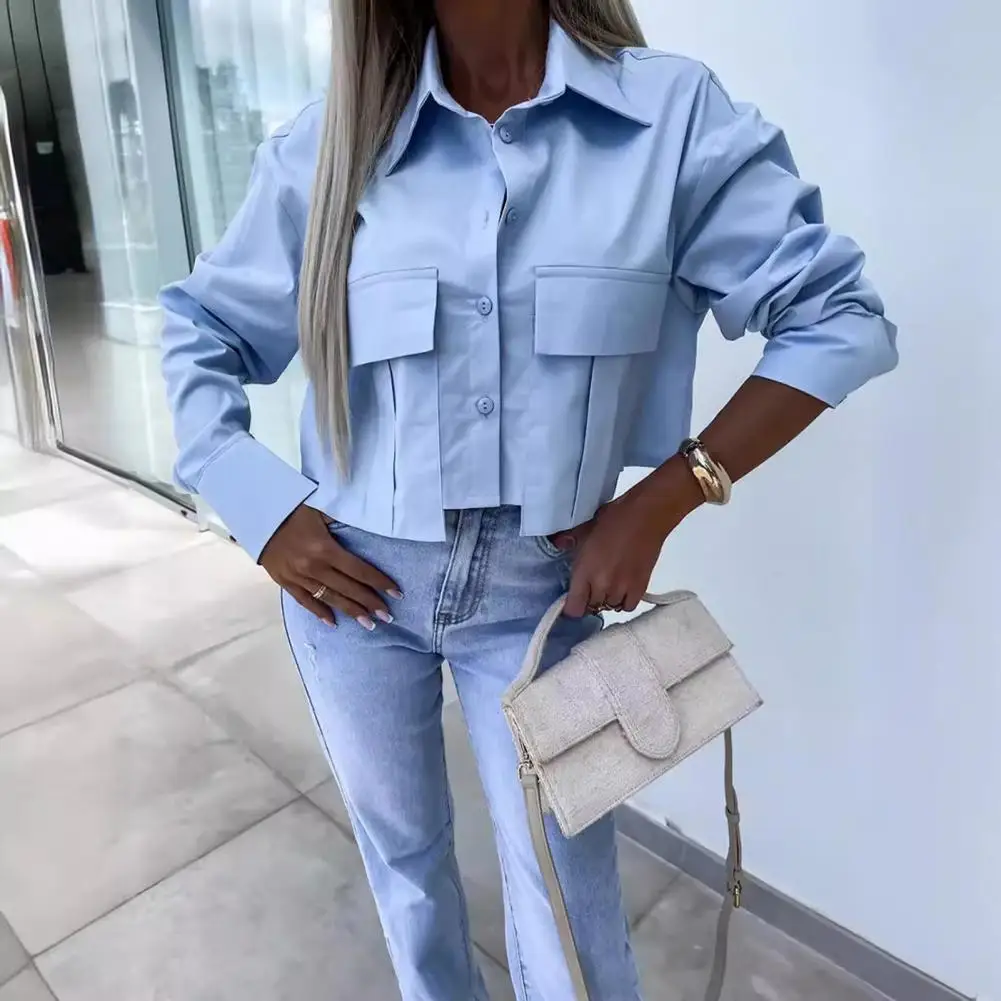 

Versatile Women Top Stylish Women's Lapel Long Sleeve Cropped Shirt with Single Breasted Flap Pockets for Summer Comfy Commuting