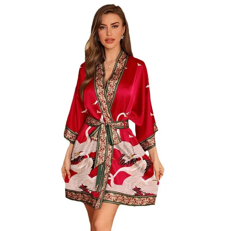 Crane Printing Bride Bridesmaid Wedding Robe Women Dressing Gown Bathrobe Japanese Kimono Yukata Sexy Satin Sleepwear Homewear