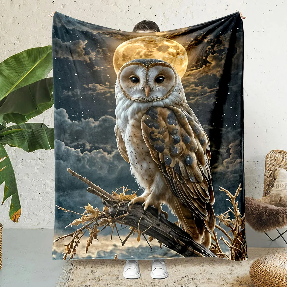 Cozy White Owl on Tree Top Print Throw Blanket - Soft, Warm Flannel with Starry Night Design for Couch, Bed, Office Nap