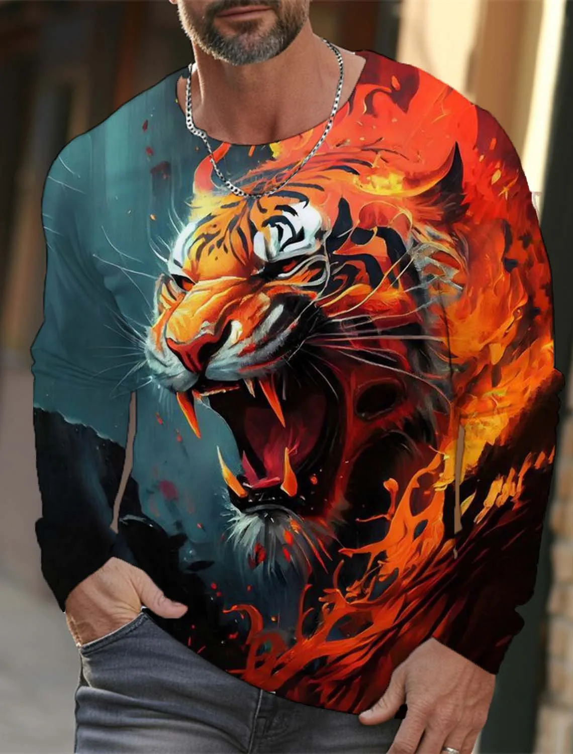 

Fashion Tiger Pattern Men's T-Shirt Autumn Long Sleeve New Casual O-Neck Pullover Tops Funny 3D Animal Print Tees Unisex Clothes