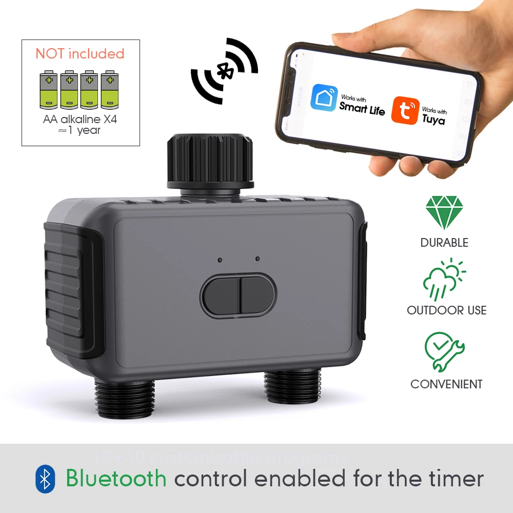 Muciakie Dual Zone Smart Timer Remote Control App Alexa Compatible 2 Way Watering System for Lawns Plants IP55 Waterproof Design