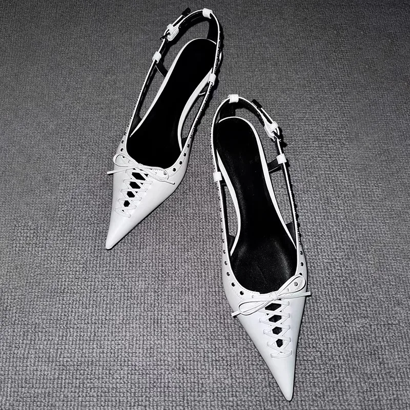 Pointed Cat Heel Pointed Sandals for Women 2023 New Fashion Spicy Girl Riveted High Heels 35-39 White Hollow 12cm/5cmBow Sandals