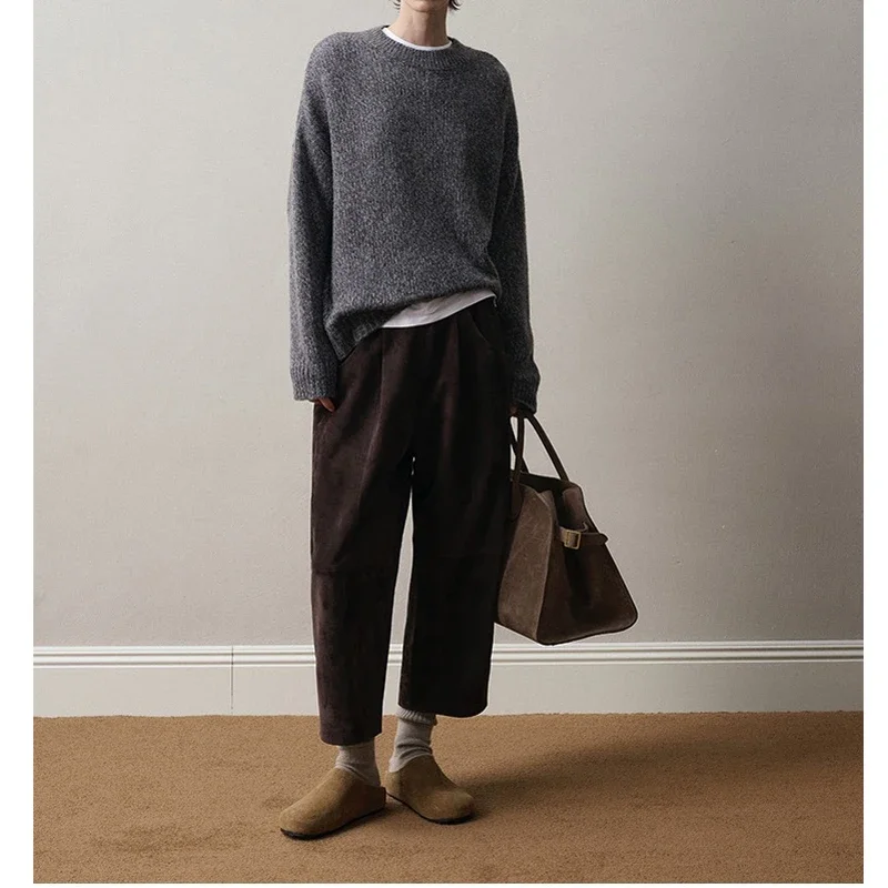 Retro 2025 Leather Ankle-Length Pants Women Elastic Waist Suede Sheepskin Wide Leg Length Straight Cylinder Trousers Black brown