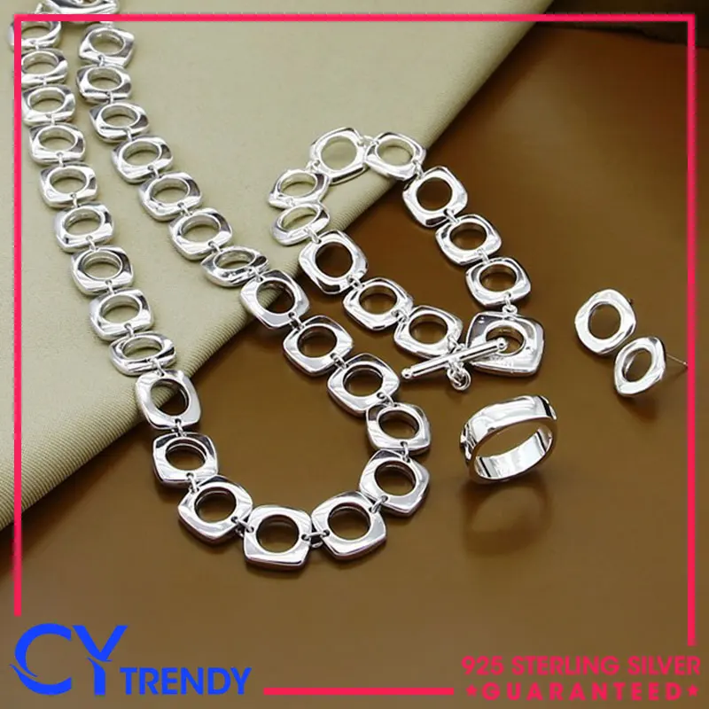 

925 Sterling Silver Cube Shape Hollow Round Link Necklaces Bracelets Chain Earrings Rings Jewelry Set