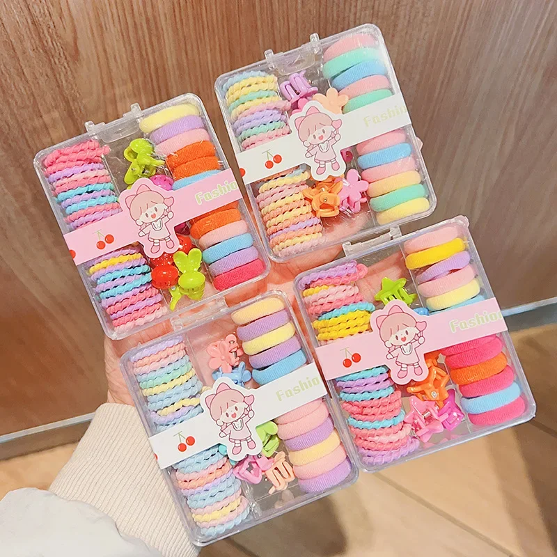 New Cute Box Set Children\'s New High Elasticity Elastic Band Candy Color Hair Tie Clip Hair Clip Rope Princess Accessories