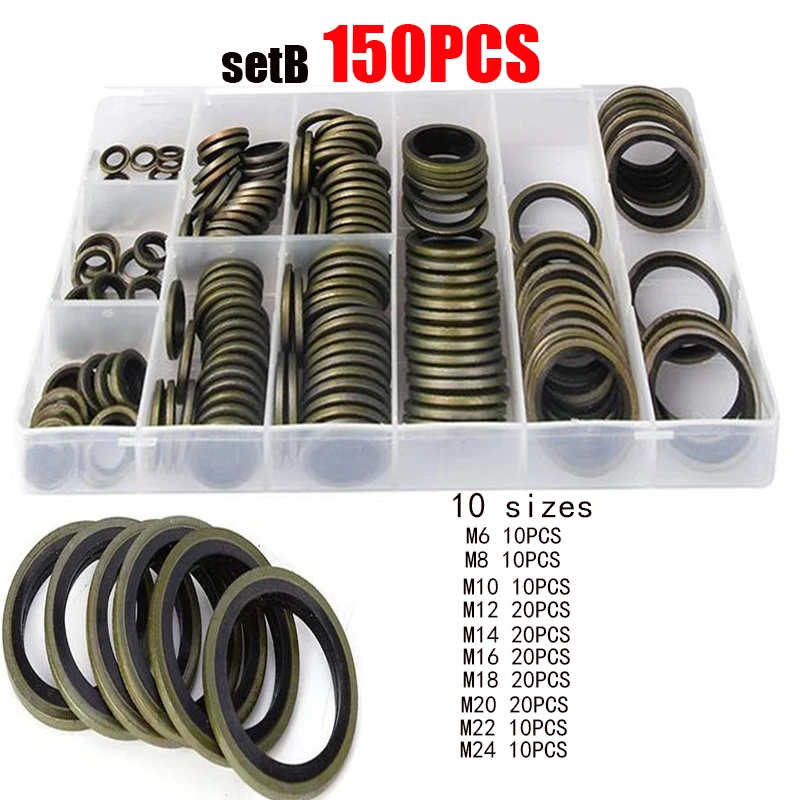 150/100pcs Bonded Seal Sealing Ring Assortment Kit Oil Drain Screw Combined Washer Seal Set M6 M8 M10 M12 M14 M16 M18 M20 M22