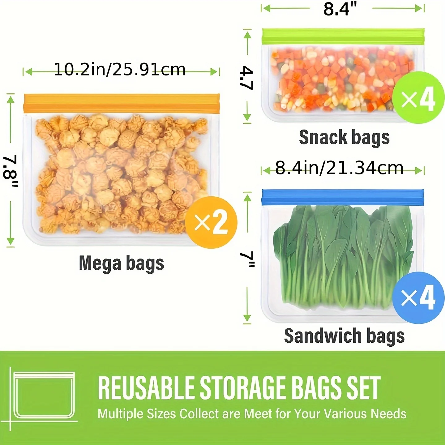 Reusable Food Storage Bags 10pcs BPA FREE Freezer Bags(2 Gallon Bags 4 Sandwich Bags 4 Food Grade Snack Bags) EXTRA THICK