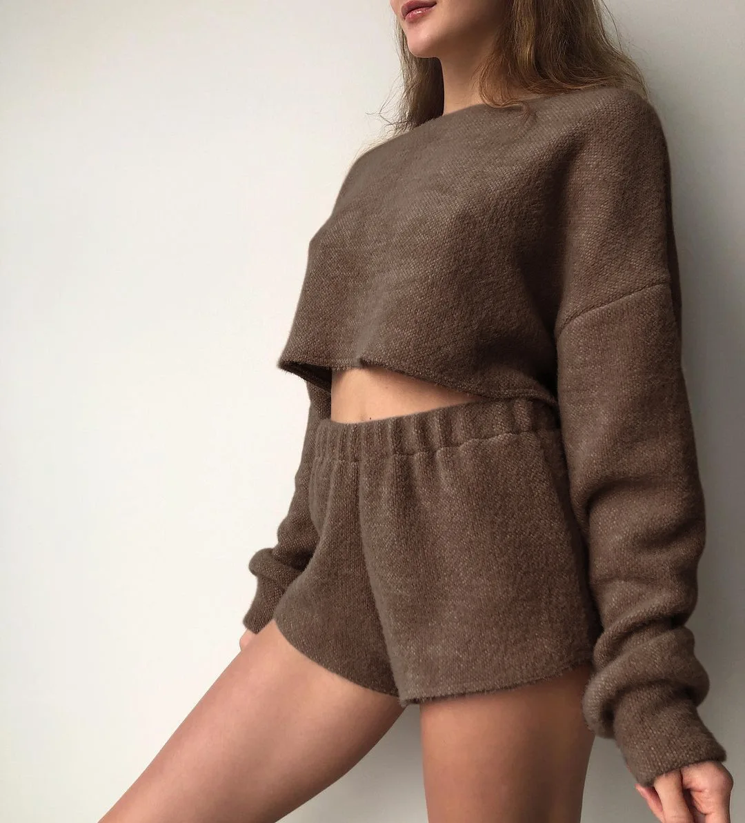 Women's Autumn Winter Sexy Pajama Set Long Sleeve Ladies Sleepwear 2 Pcs with Shorts O Neck Knitted Home Clothes for Female