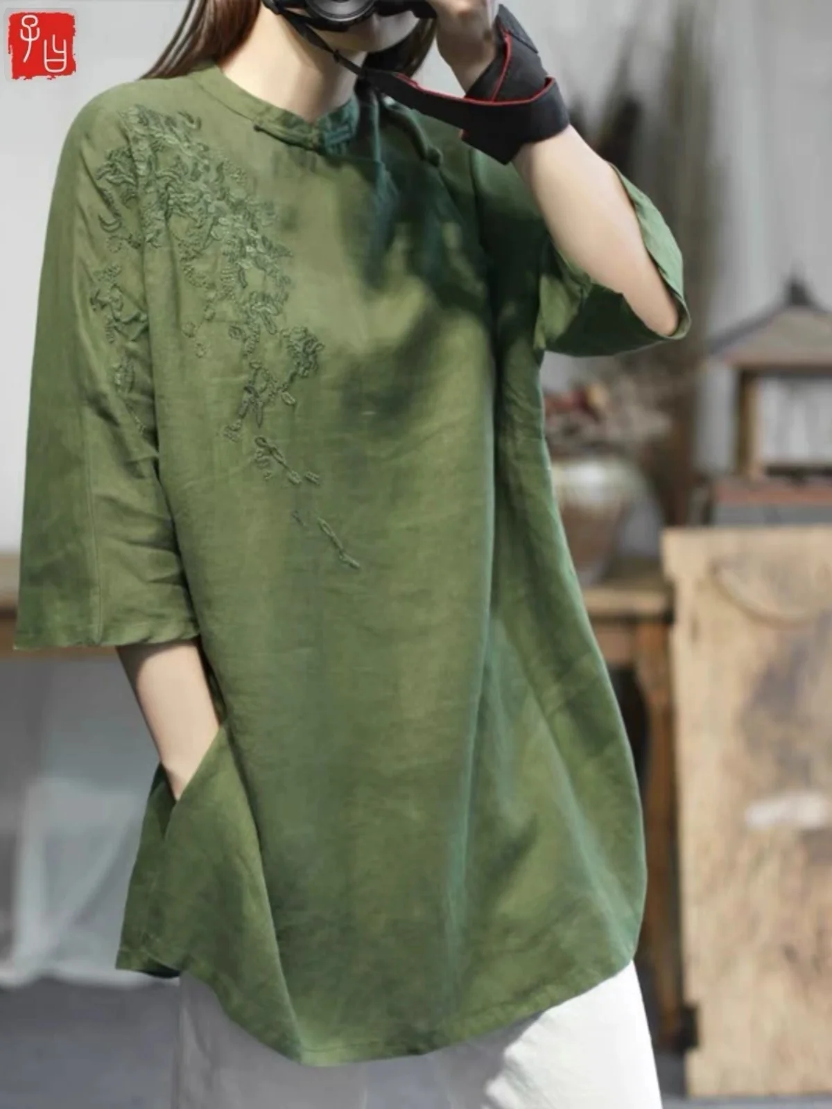 

New Chinese Sle Embroidered Linen ort Sve irt Women Summer Retro National Trend Side Button Stand Collar Cotton Line...