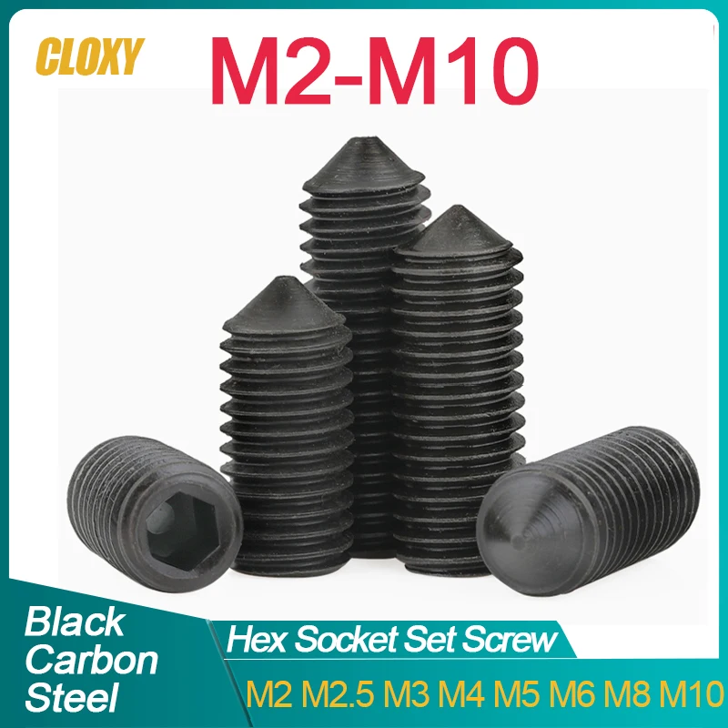 

GRADE 12.9 Black Carbon Steel Hex Hexagon Allen Head Socket Screw Cone Point Grub Set Screws Bolts M2 M2.5 M3 M4 M5 M6 M8 M10