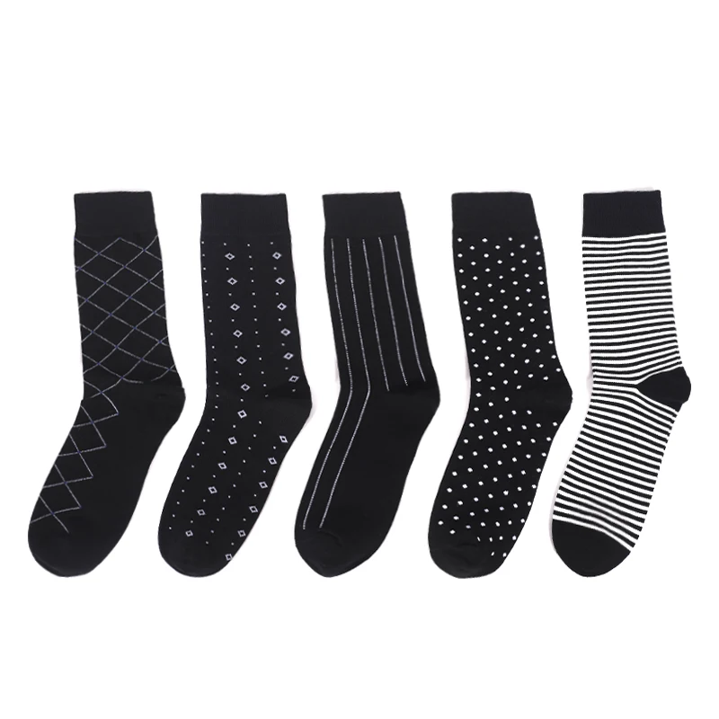 5 Pairs New Style Breathable Soft Black White Business Men Combed Cotton Dress Socks Stripe Grid Men Socks Large Size EU41-48