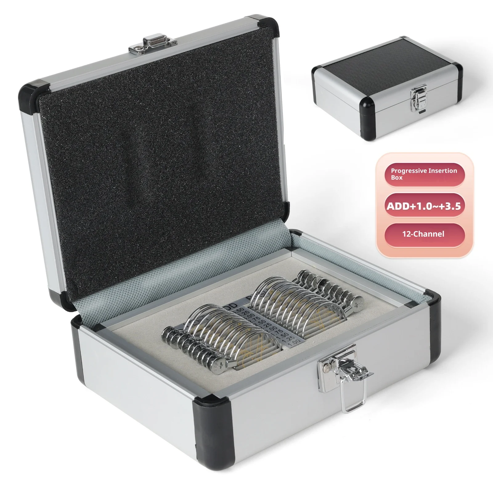 

22 очки, коробка с прогрессивной вставкой, металлические большие линзы, алюминиевая упаковка, 12-канальный фитинг Presbytem ADD1.0 ~ 3.5 JS-22P, 1 год