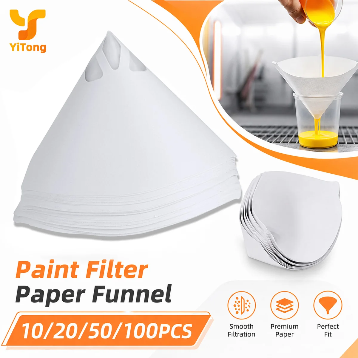 Yitong 10/20/50/100PCS Disposable Cone Paint Paper Funnel Fine Particle Strainer for Vehicle Spray Gun Paint Coating Application