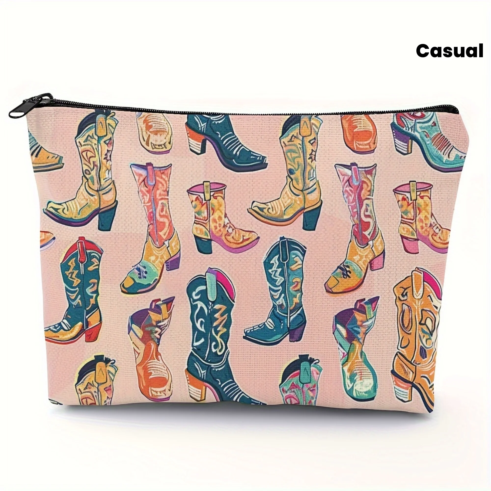Western Cowgirl Boot Print Polyester Clutch Bag – Casual Style Zippered Travel Makeup Pouch, Ideal for Daily Commute