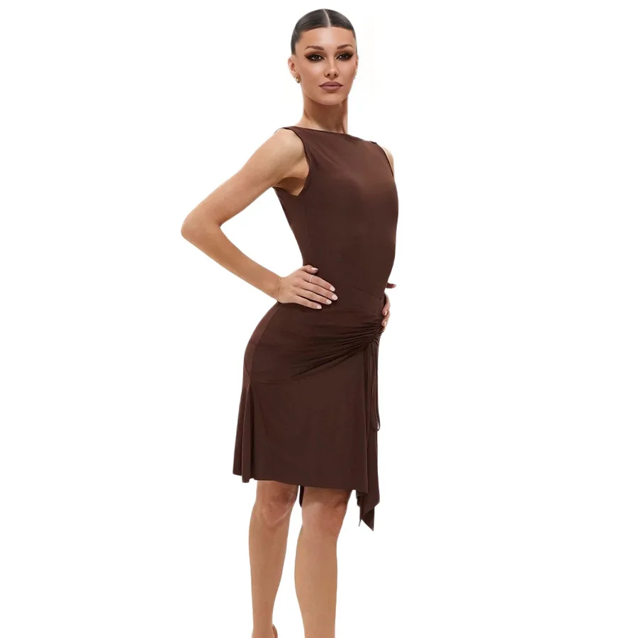 

Women's Backless Latin Dance Dress Elegant Sleeveless Ruched Ballroom Performance Costume
