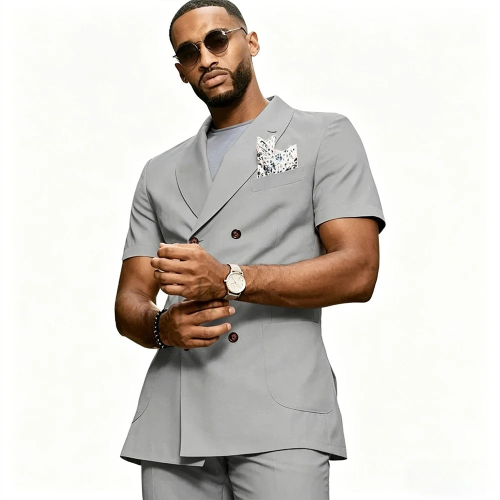 

Light Gray Short Sleeve Suits for Man Double Breasted Shawl Lapel 2 Piece Jacket Pants Summer Casual Business Office Set
