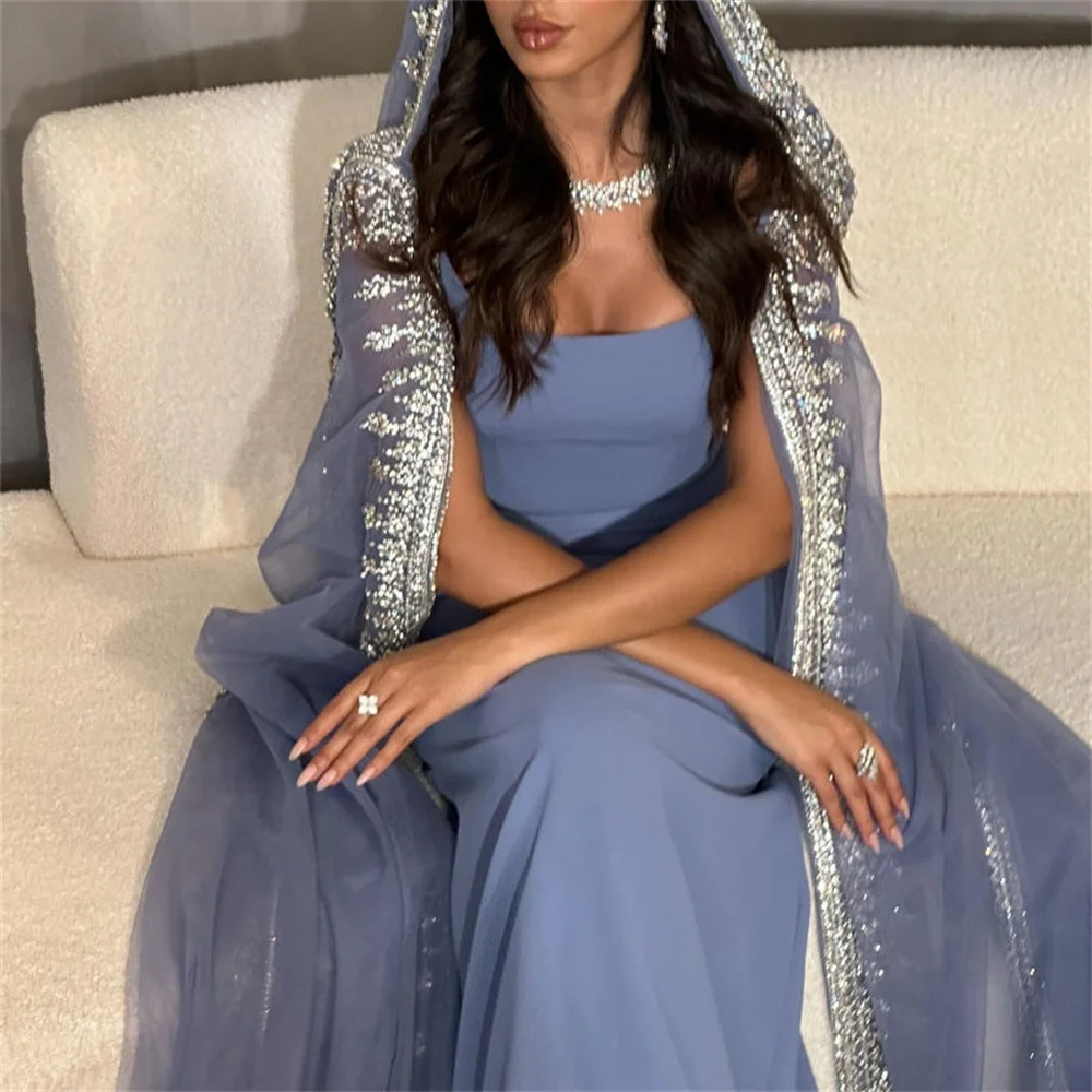 Bella Mist Blue Beaded Edge Prom Dresses Long Shawl Wedding Dress Customized Sleeveless Floor-Length Satin Vestidos De Fiesta