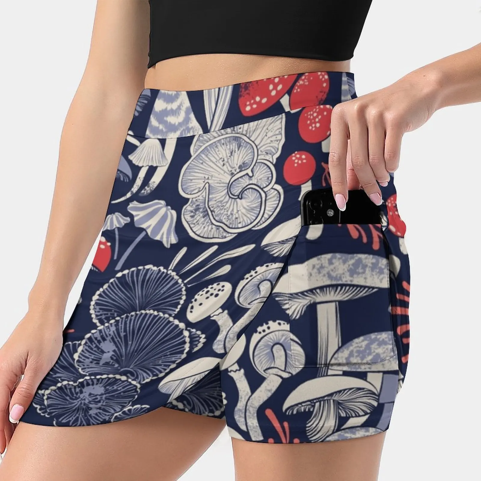 Mystical Fungi / / Midnight Blue Background Ivory Pale Blue Women Sports Lining Skirt Tennis Dance Fitness Short Printed Skirts