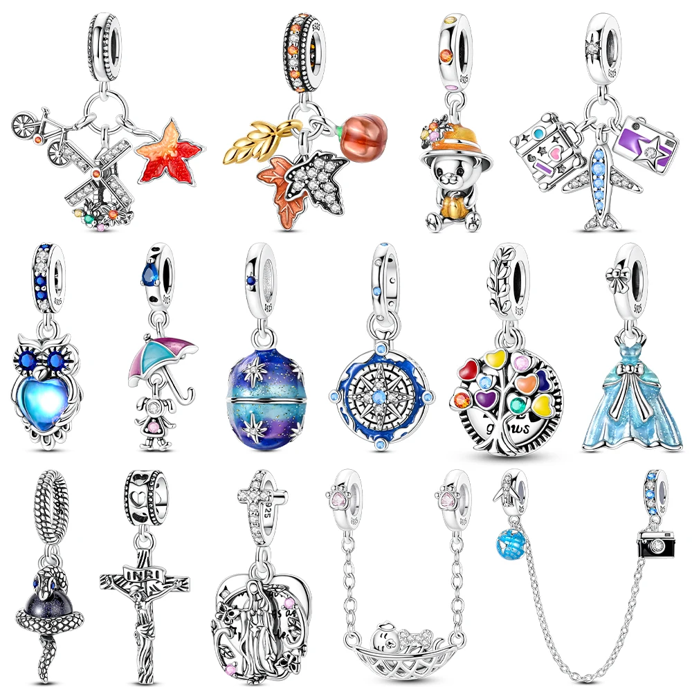 Compass Bear Owl Dress Camera Original Charms Silver Plated Beads Fit Bracelets Bag Keychain Charms DIY Women Gift Accessory