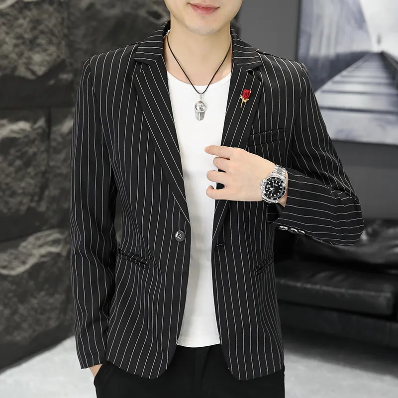 

Slim Fit Men's Casual Stripe Suit Jaet Korean Sle Single-breasted Faionable Urban Menswear Polyester Fiber Long Sve
