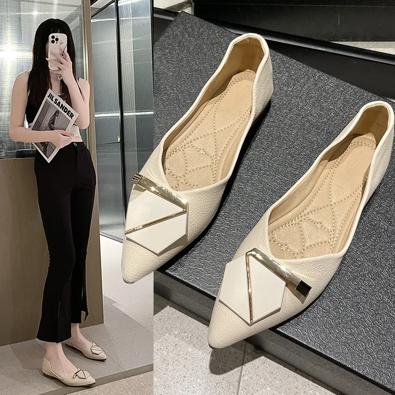 Flat Solo Single Shoe Women's Summer 2023 New Evening Evening Shoes Buckle Fashion Pointed Toe Soft-soled Fairy Style Shallow