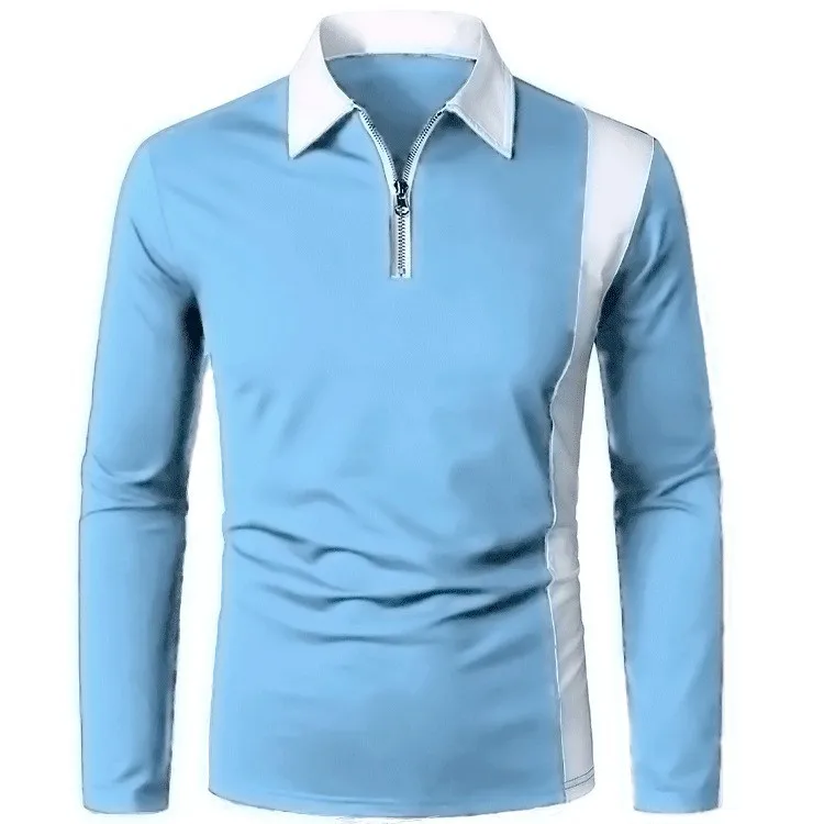 Men's Fashion Splicing Zipper Lapel Long Sleeve Polo Shirt